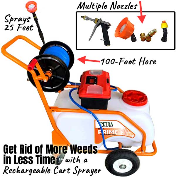 Rechargeable Cart Sprayer with 100-Foot Hose, 25 Foot Spray Reach and Multiple Spray Nozzles